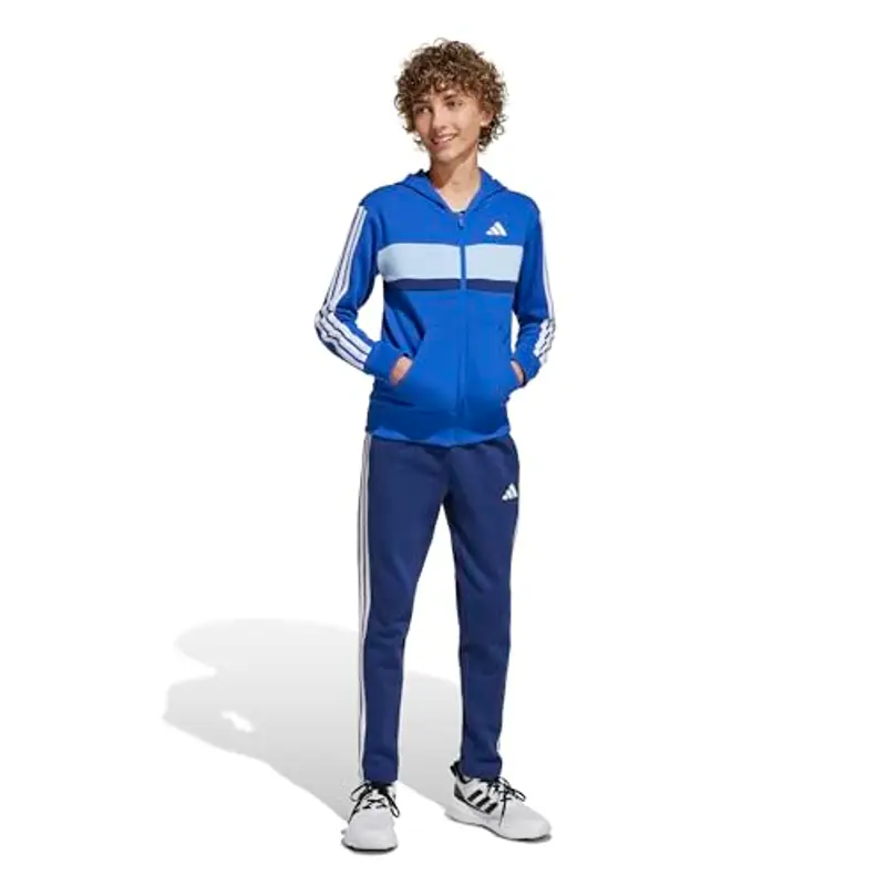 adidas Unisex - Bambini SEASONAL ESSENTIALS TIBERIO 3 STRIPES FLEECE TRACKSUIT, team royal blue/white/glow blue, 13 miniatura 3