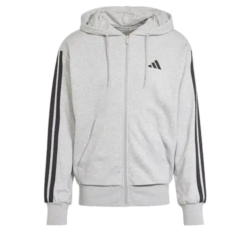 adidas Uomo Essential Three Stripes French Terry Fullzip Hoodie, Medium Grey Heather/Black, XS