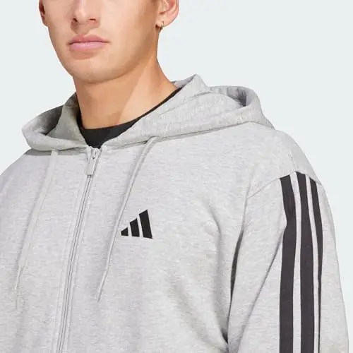 adidas Uomo Essential Three Stripes French Terry Fullzip Hoodie, Medium Grey Heather/Black, XS miniatura 2