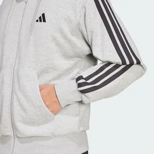 adidas Uomo Essential Three Stripes French Terry Fullzip Hoodie, Medium Grey Heather/Black, XS miniatura 3