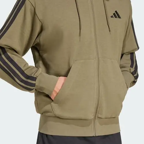 adidas Uomo Essential Three Stripes French Terry Fullzip Hoodie, Olive Strata/Black, S miniatura 3