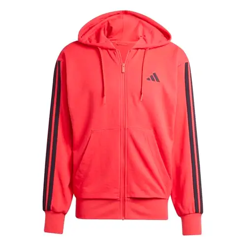 adidas Uomo Essential Three Stripes French Terry Fullzip Hoodie, Pure Ruby/Black, L