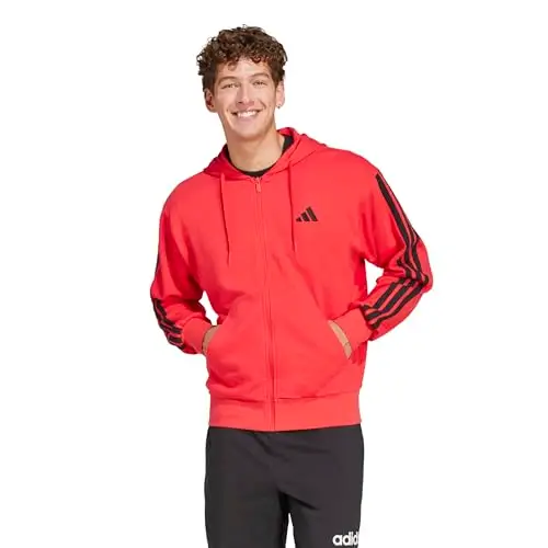 adidas Uomo Essential Three Stripes French Terry Fullzip Hoodie, Pure Ruby/Black, L miniatura 2