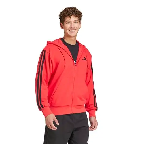 adidas Uomo Essential Three Stripes French Terry Fullzip Hoodie, Pure Ruby/Black, L miniatura 3