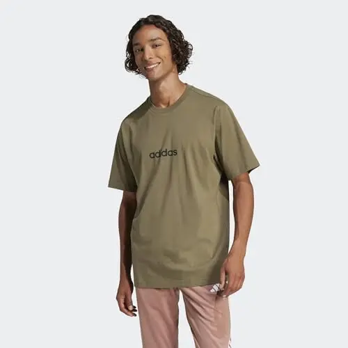 adidas Uomo Essentials Linear Single Jersey Tee, Olive Strata/Black, M miniatura 3