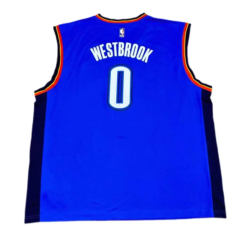 X Collaborazione NBA Oklahoma City Thunder Russell Westbrook 0 Trasferta Canotta da Basket Senza Maniche con Scollo a V Unisex Maglia Blu 7818A-3CB-AEB1071 2XL miniatura 3