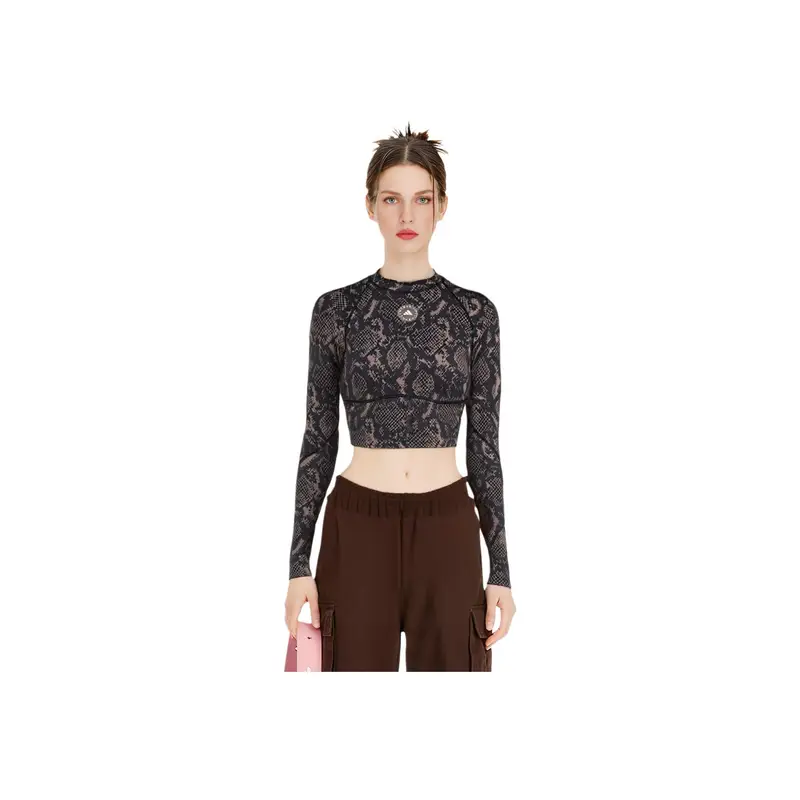 x Stella McCartney Top da Allenamento a Manica Lunga Crop Stampato Carbone/Nero Donna Grigio JW4567 M
