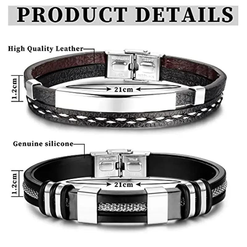 ADRAMATA 2Pcs Bracciale da Uomo in Pelle, Regolabile, in Silicone, Personalizzato, Acciaio Inossidabile, Regalo papà, Gioielleria miniatura 2