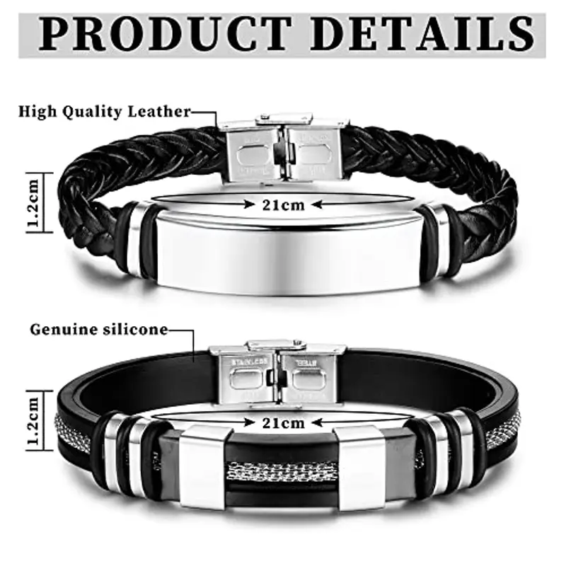 ADRAMATA 2Pcs Bracciale Uomo Bracciale Uomo Pelle Regolabile Bracciale da Uomo in Silicone Personalizzato Bracciale miniatura 2