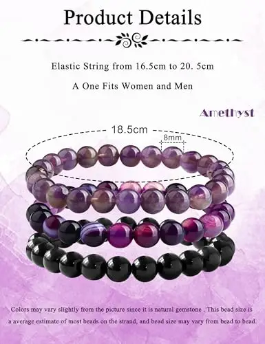 ADRAMATA 3 Pezzi 8mm Bracciale Pietre Naturali Donna Uomo Braccialetto Elastico con Pietre Ametista/Ametista miniatura 2