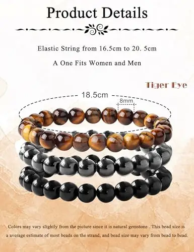 ADRAMATA 3 Pezzi 8mm Bracciale Pietre Naturali Donna Uomo Braccialetto Elastico con Pietre Occhio di Tigre/Ossidiana miniatura 2