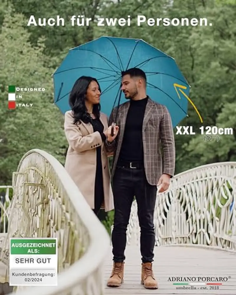 Adriano Porcaro® - Ombrello automatico, ombrello a bastone antivento in legno, rinforzo in fibra a 12 pieghe, grande, stabile e resistente al vento, diametro 115 cm, Verde oliva/beige, xxl miniatura 3