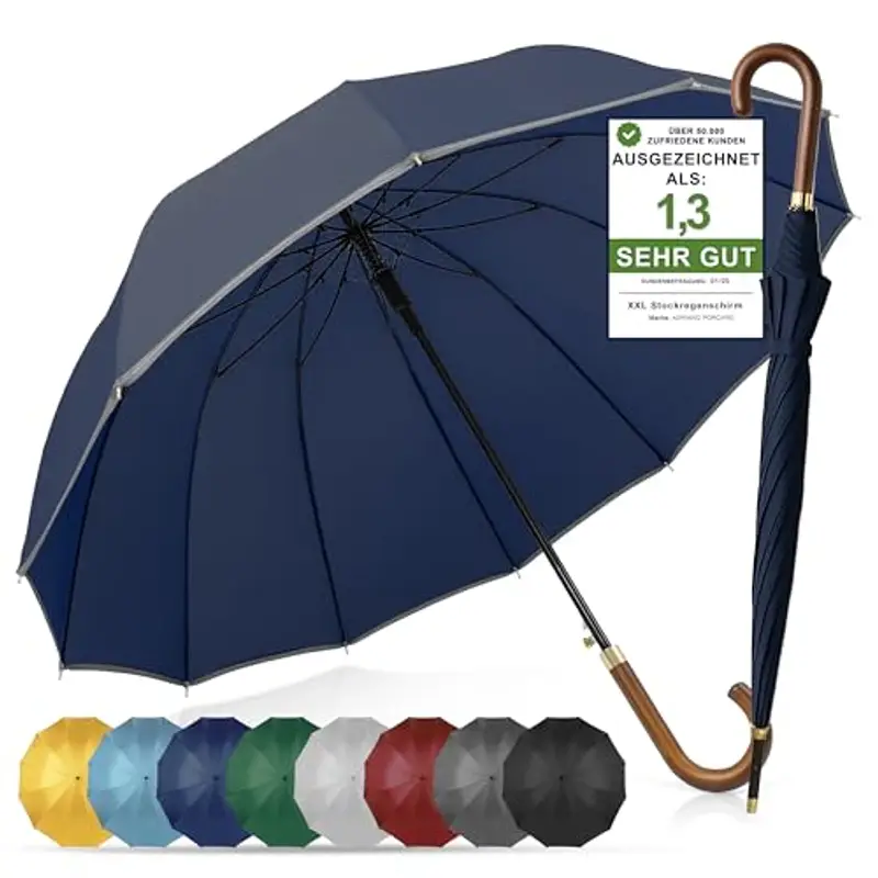 ADRIANO PORCARO Ombrello Resistente al Vento 120cm Ø I Grande Ombrello XXL con Bordatura Riflettente I Ombrello a Bastone con 12 Stecche I Include Custodia per Ombrello - Per Uomo e Donna I Blu