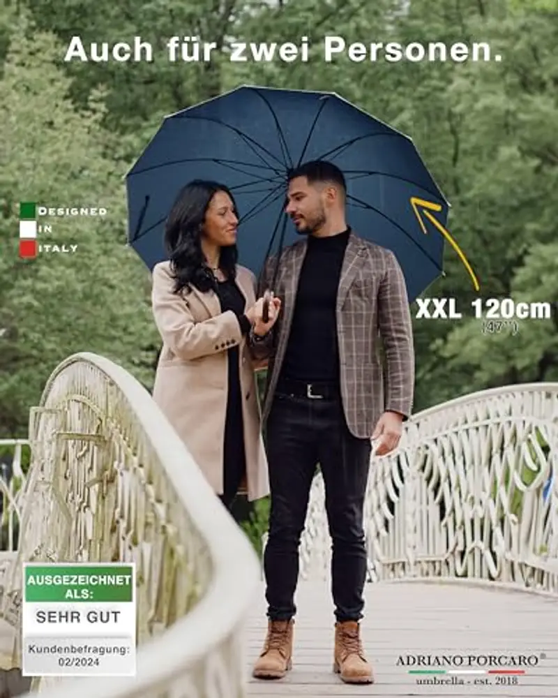 ADRIANO PORCARO Ombrello Resistente al Vento 120cm Ø I Grande Ombrello XXL con Bordatura Riflettente I Ombrello a Bastone con 12 Stecche I Include Custodia per Ombrello - Per Uomo e Donna I Blu miniatura 3