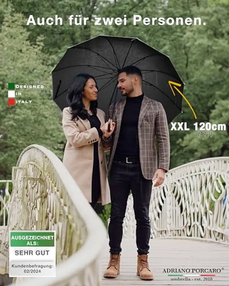 ADRIANO PORCARO Ombrello Resistente al Vento 120cm Ø I Grande Ombrello XXL con Bordatura Riflettente I Ombrello a Bastone con 12 Stecche I Include Custodia per Ombrello - Per Uomo e Donna I Nero miniatura 3