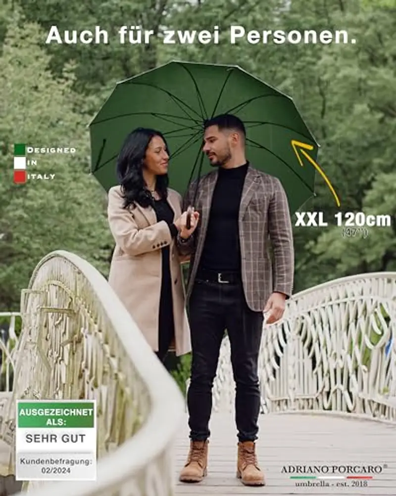 ADRIANO PORCARO Ombrello Resistente al Vento 120cm Ø I Grande Ombrello XXL con Bordatura Riflettente I Ombrello a Bastone con 12 Stecche I Include Custodia per Ombrello - Per Uomo e Donna I Verde miniatura 3
