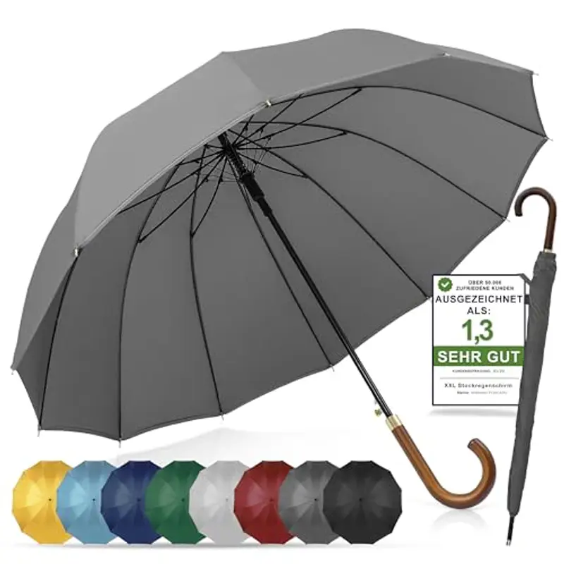 ADRIANO PORCARO Ombrello Resistente al Vento 120cm Ø I Grande Ombrello XXL con Bordatura Riflettente I Ombrello a Bastone con 12 Stecche I Include Custodia per Ombrello - Unisex I Grigio