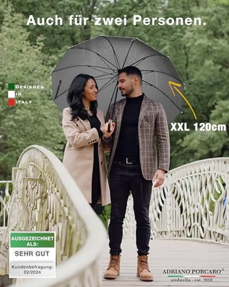 ADRIANO PORCARO Ombrello Resistente al Vento 120cm Ø I Grande Ombrello XXL con Bordatura Riflettente I Ombrello a Bastone con 12 Stecche I Include Custodia per Ombrello - Unisex I Grigio miniatura 3