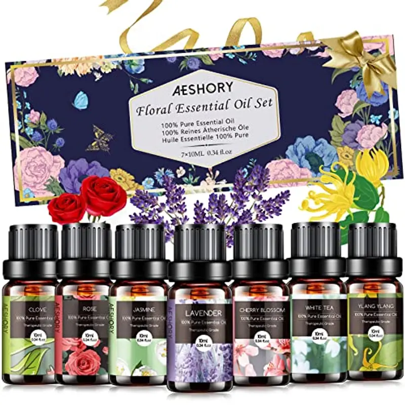 AESHORY Set di Oli Essenziali di Fiore 7 x 10ML, 100% Puri e Naturali per Aromaterapia, Massaggi, Umidificatore, Bagno — Lavanda, Rosa, Ylang, Gelsomino, Fiore di Ciliegio
