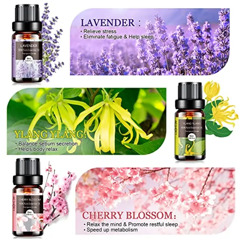 AESHORY Set di Oli Essenziali di Fiore 7 x 10ML, 100% Puri e Naturali per Aromaterapia, Massaggi, Umidificatore, Bagno — Lavanda, Rosa, Ylang, Gelsomino, Fiore di Ciliegio miniatura 2