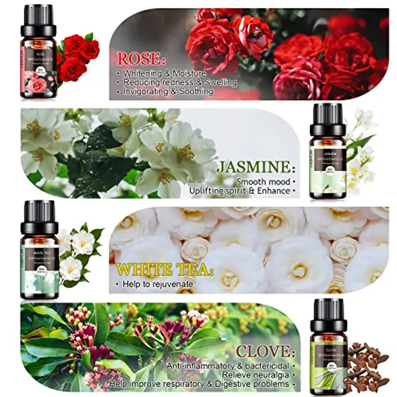 AESHORY Set di Oli Essenziali di Fiore 7 x 10ML, 100% Puri e Naturali per Aromaterapia, Massaggi, Umidificatore, Bagno — Lavanda, Rosa, Ylang, Gelsomino, Fiore di Ciliegio miniatura 3