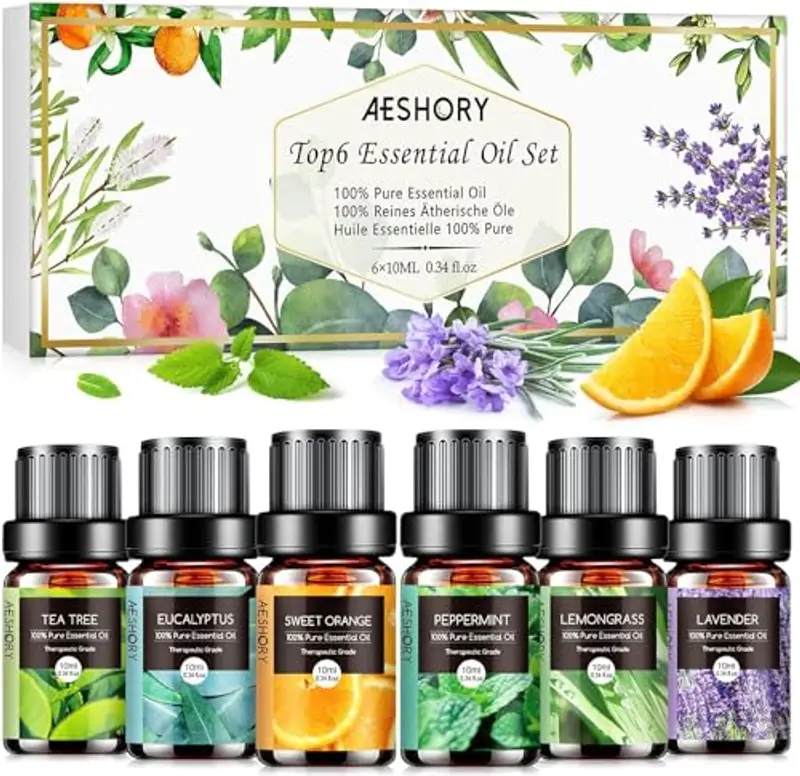 AESHORY Set di Oli Essenziali per Diffusori 6 x 10ML, 100% Puri Naturali Olio Essenziale Profumate per Aromaterapia, SPA, Massaggio - Lavanda, Tea Tree, Menta Piperita, Eucalipto, Arancia Dolce