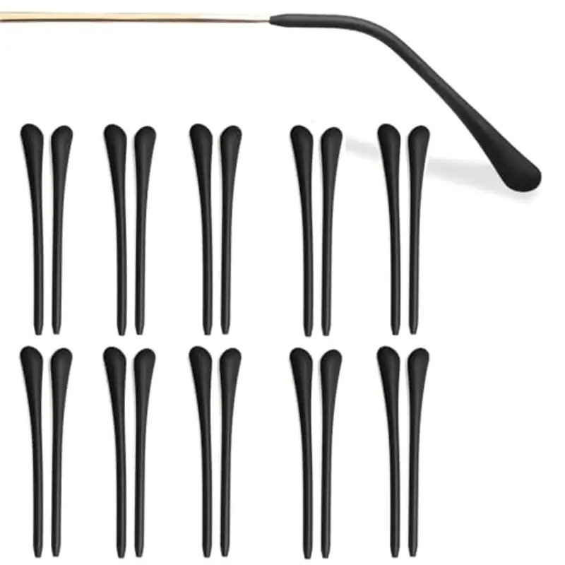 AFCJLTO 10 paia tappi per occhiali in silicone, Cuscinetti Auricolari per Occhiali in Silicone, antiscivolo per stanghette di occhiali da sole in metallo, Ripara le aste universali per occhiali, nero