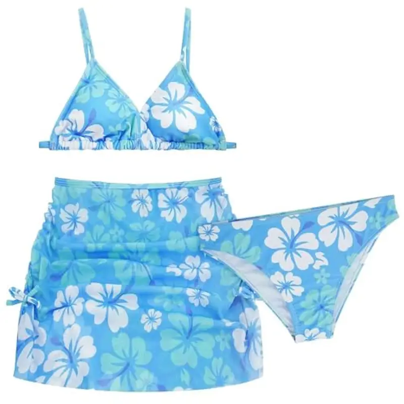 AIEOE Set 3 PCS Costume da Bagno con Gonna Corta Ragazze Bikini Floreale Costumi da Nuoto Piscina Estate per 8-9 Anni Blu A