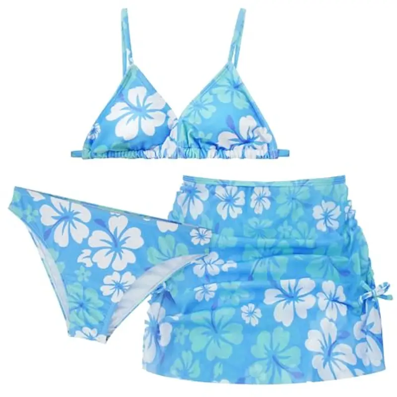 AIEOE Set 3 PCS Costume da Bagno con Gonna Corta Ragazze Bikini Floreale Costumi da Nuoto Piscina Estate per 8-9 Anni Blu A miniatura 2