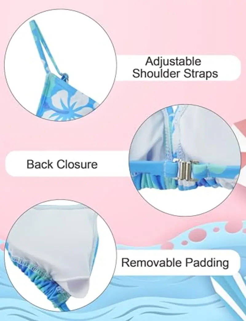 AIEOE Set 3 PCS Costume da Bagno con Gonna Corta Ragazze Bikini Floreale Costumi da Nuoto Piscina Estate per 8-9 Anni Blu A miniatura 3