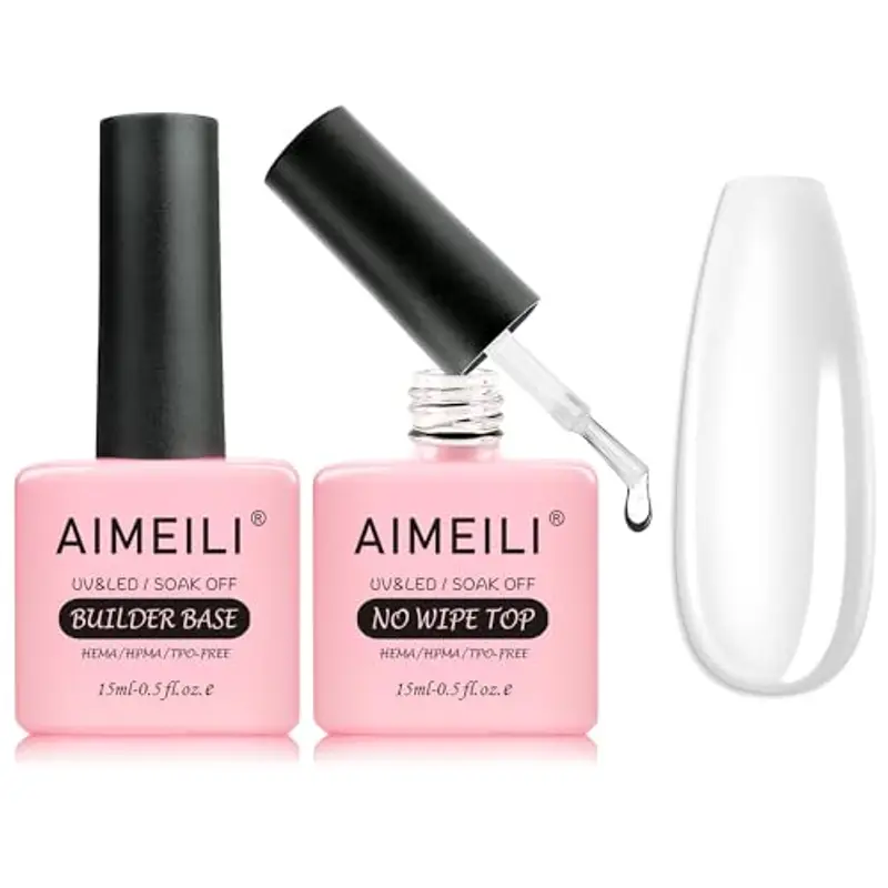 AIMEILI 7 in 1 Clear Builder Base Gel Unghie e No Wipe Top Coat Set, Smalto Semipermente in Gel UV LED Soak Off - Facile da Usare & Comodo, 2x15ml