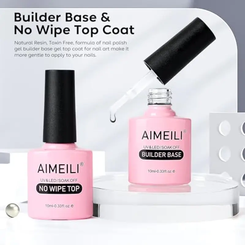 AIMEILI 7 in 1 Clear Builder Base Gel Unghie e No Wipe Top Coat Smalto Semipermente in Gel UV LED Soak Off - Facile da Usare & Comodo, 2x10ml miniatura 3