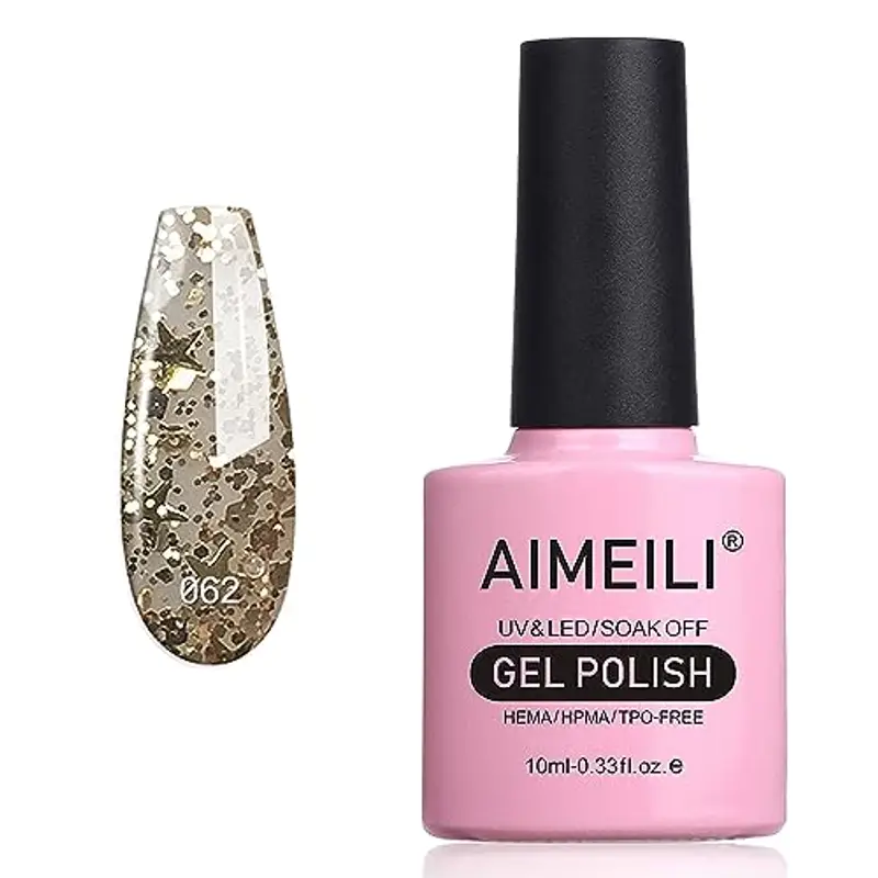 AIMEILI Soak Off UV LED Smalto in Gel Semipermanente con Brillantini - Golden Superstar Glitter (062) 10ml