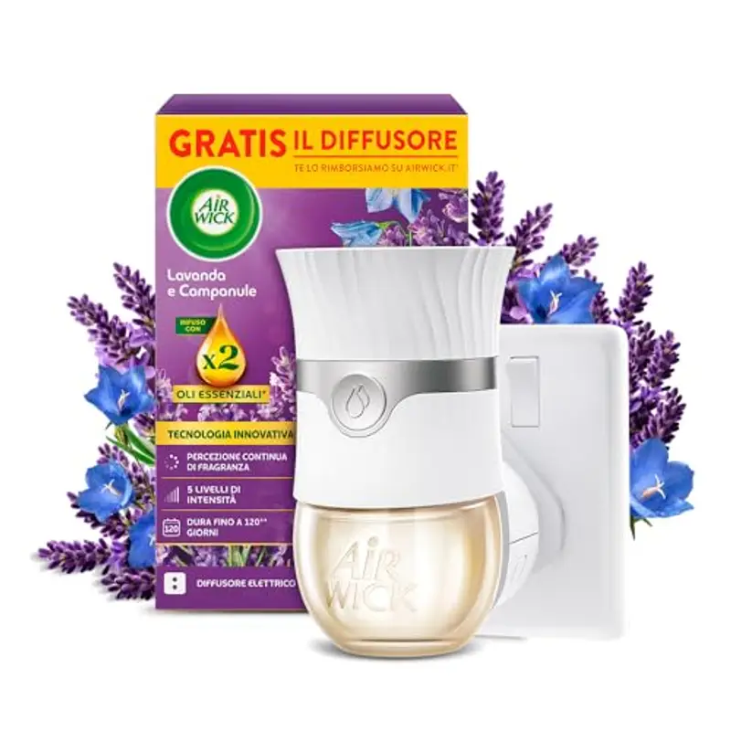 Air Wick Diffusore Elettrico di Oli Essenziali, 1 Diffusore completo gadget, 1 Ricarica per Diffusore Elettrico alla Fragranza Lavanda e Campanule