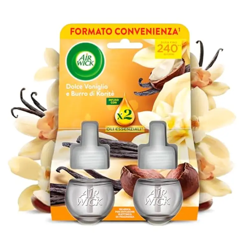 Air Wick Diffusore Elettrico di Oli Essenziali, 2 Ricariche per Diffusore Elettrico alla Fragranza Dolce Vaniglia e Burro di Karitè, Profumatore per Ambienti Elettrico con Oli Essenziali