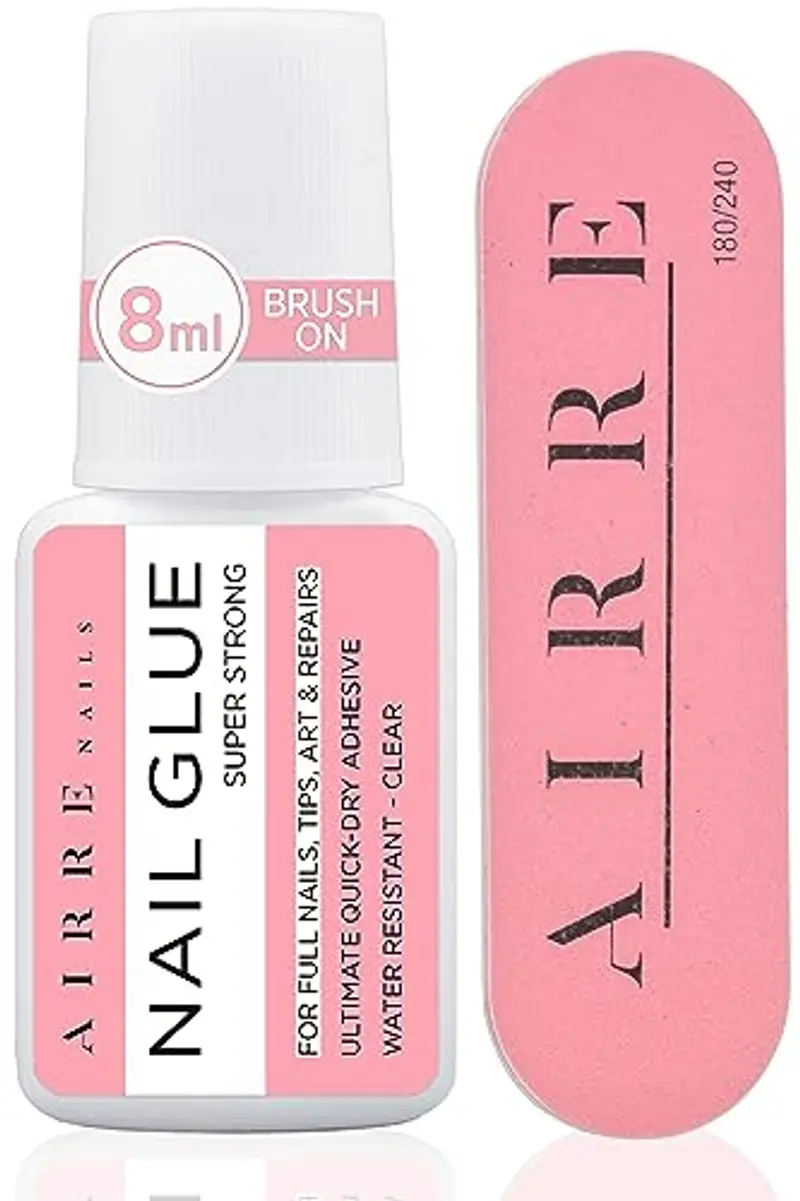 AIRRE Colla per Unghie Finte Extra Forte con Ugello di Precisione (8 ml) Trasparente, Super Adesivo per Nail Art, Adesivi Acrilici, Applicatore di Precisione, con Lima di Preparazione