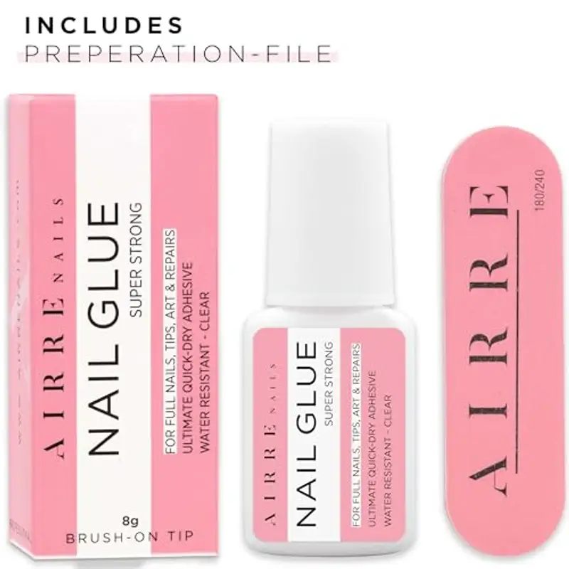 AIRRE Colla per Unghie Finte Extra Forte con Ugello di Precisione (8 ml) Trasparente, Super Adesivo per Nail Art, Adesivi Acrilici, Applicatore di Precisione, con Lima di Preparazione miniatura 3