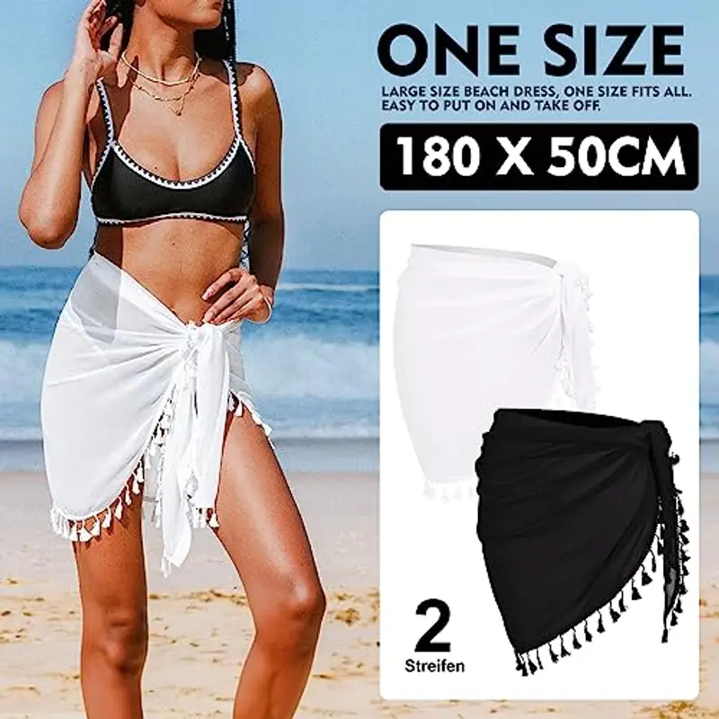 Aiseyi, Pareo da donna in chiffon, da spiaggia, con frange, 2 pezzi, nero + bianco, Etichettalia unica miniatura 2
