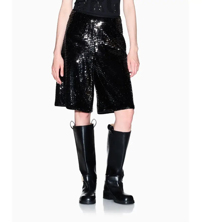 per donna. XW001773AF16152MC117 Pantaloncini neri scintillanti (S), Nero, Casual, Da sera, Poliestere