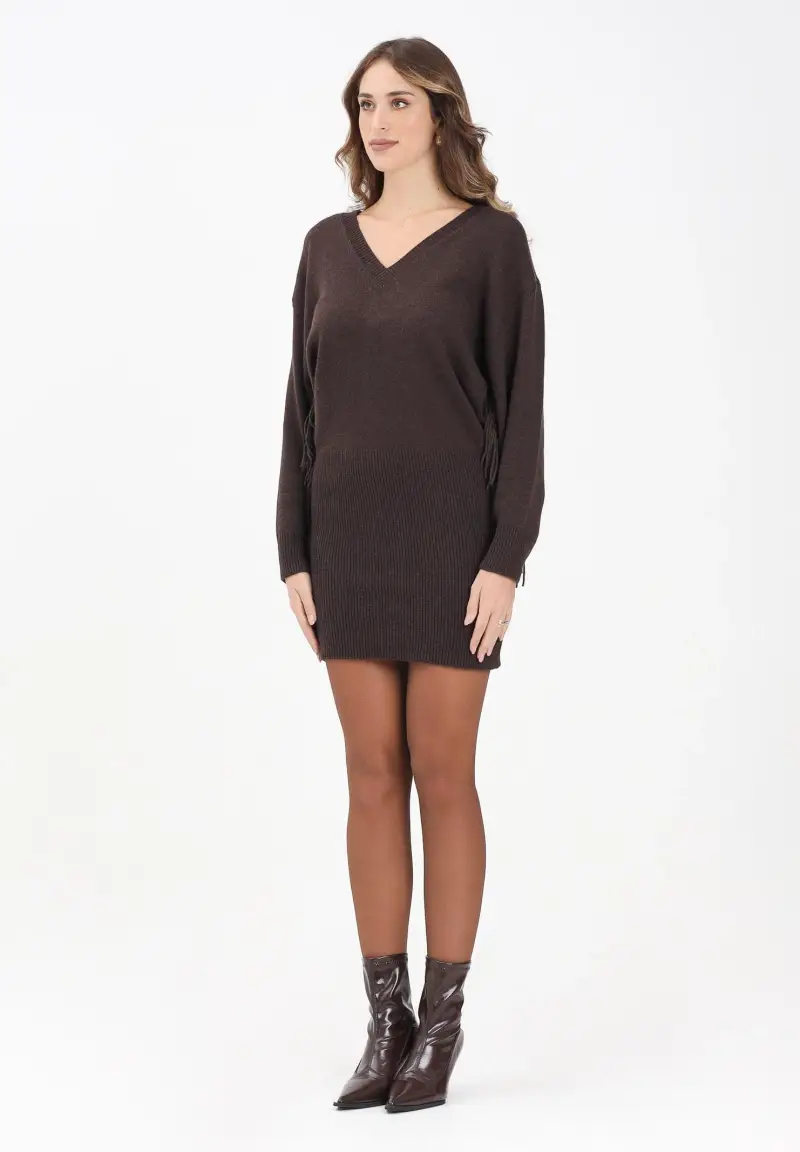 Abito corto marrone da donna con frange