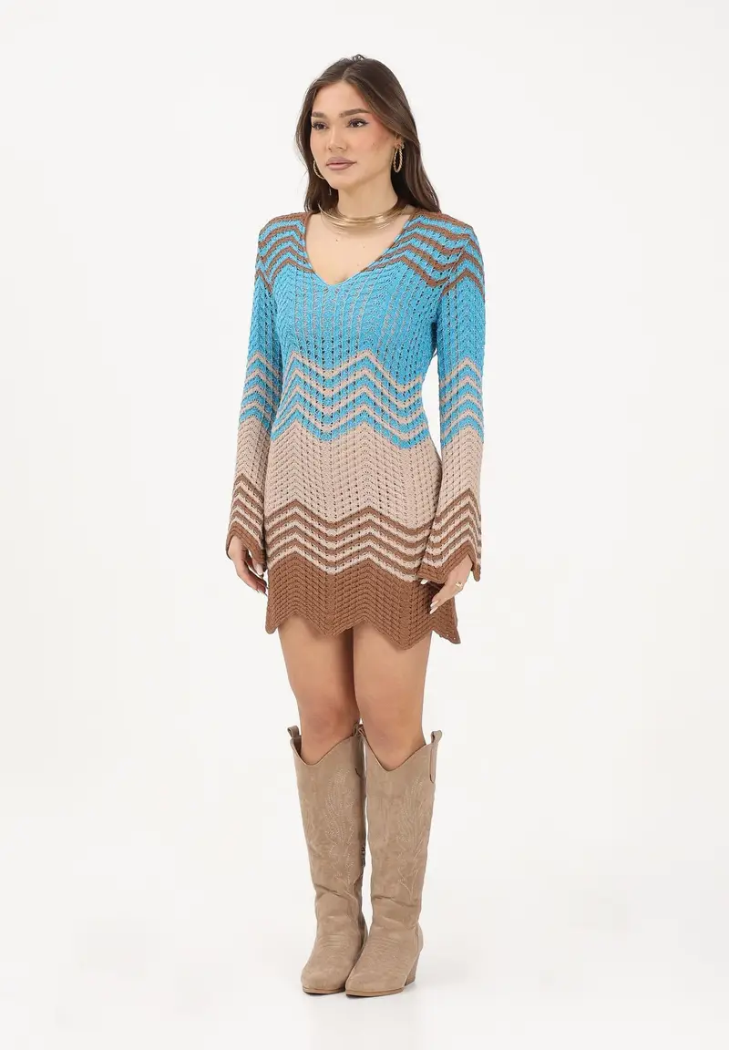 Abito corto multicolore da donna in maglia traforata