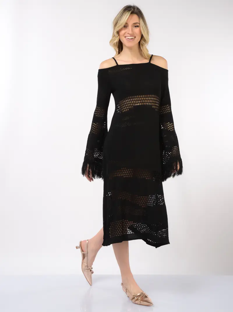 abito lungo da donna Akep in maglia con lavorazione traforata e frange NERO miniatura 2