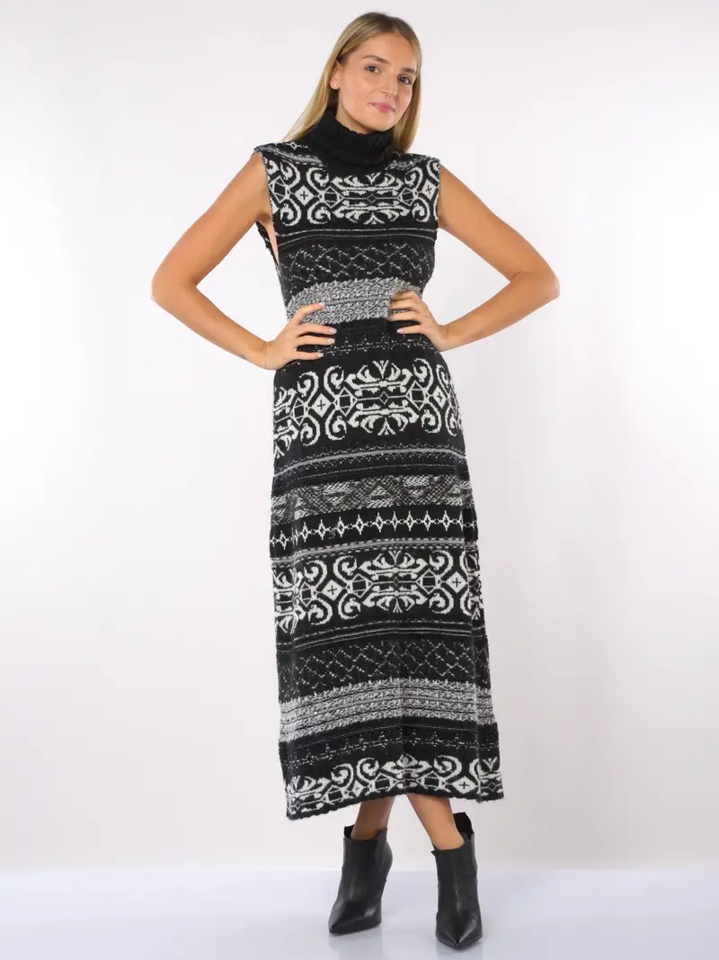 abito lungo da donna Akep in maglia jacquard a fantasia NERO miniatura 2