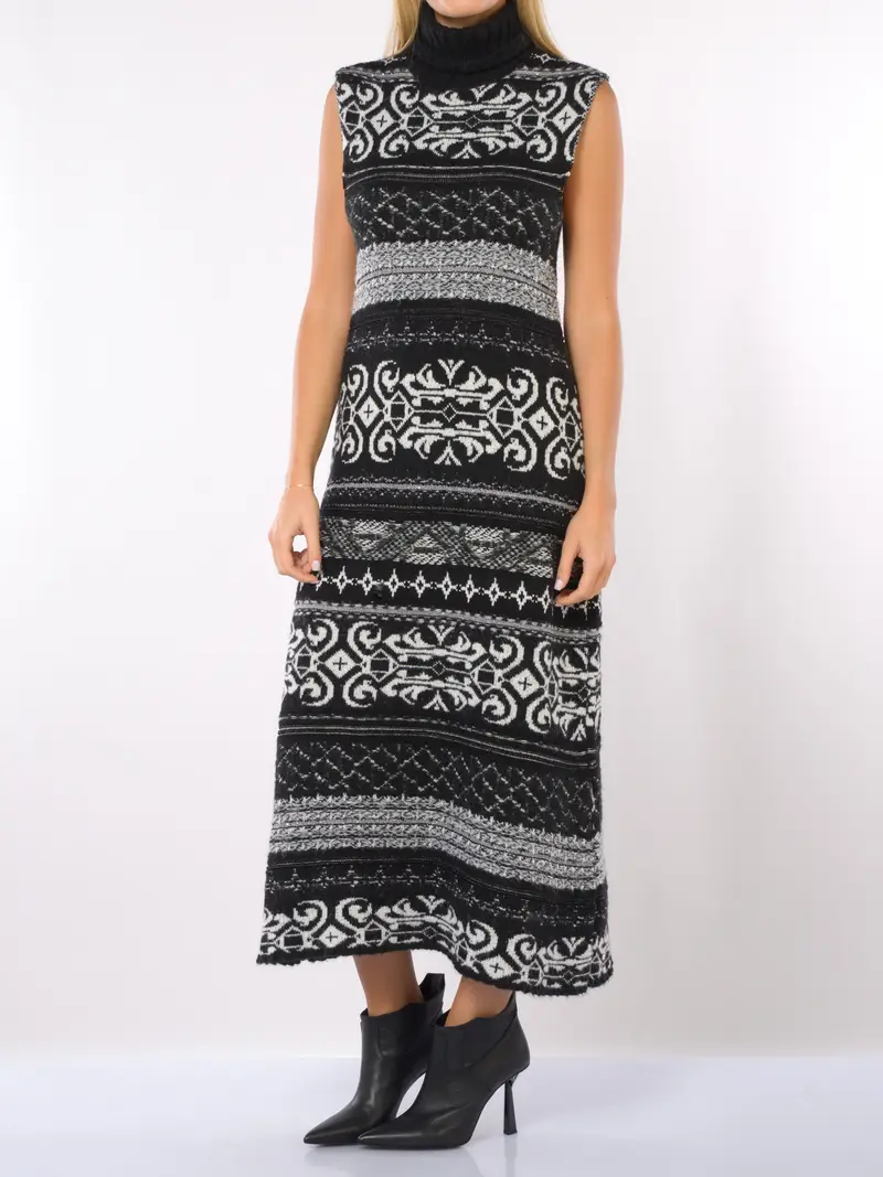 abito lungo da donna Akep in maglia jacquard a fantasia NERO