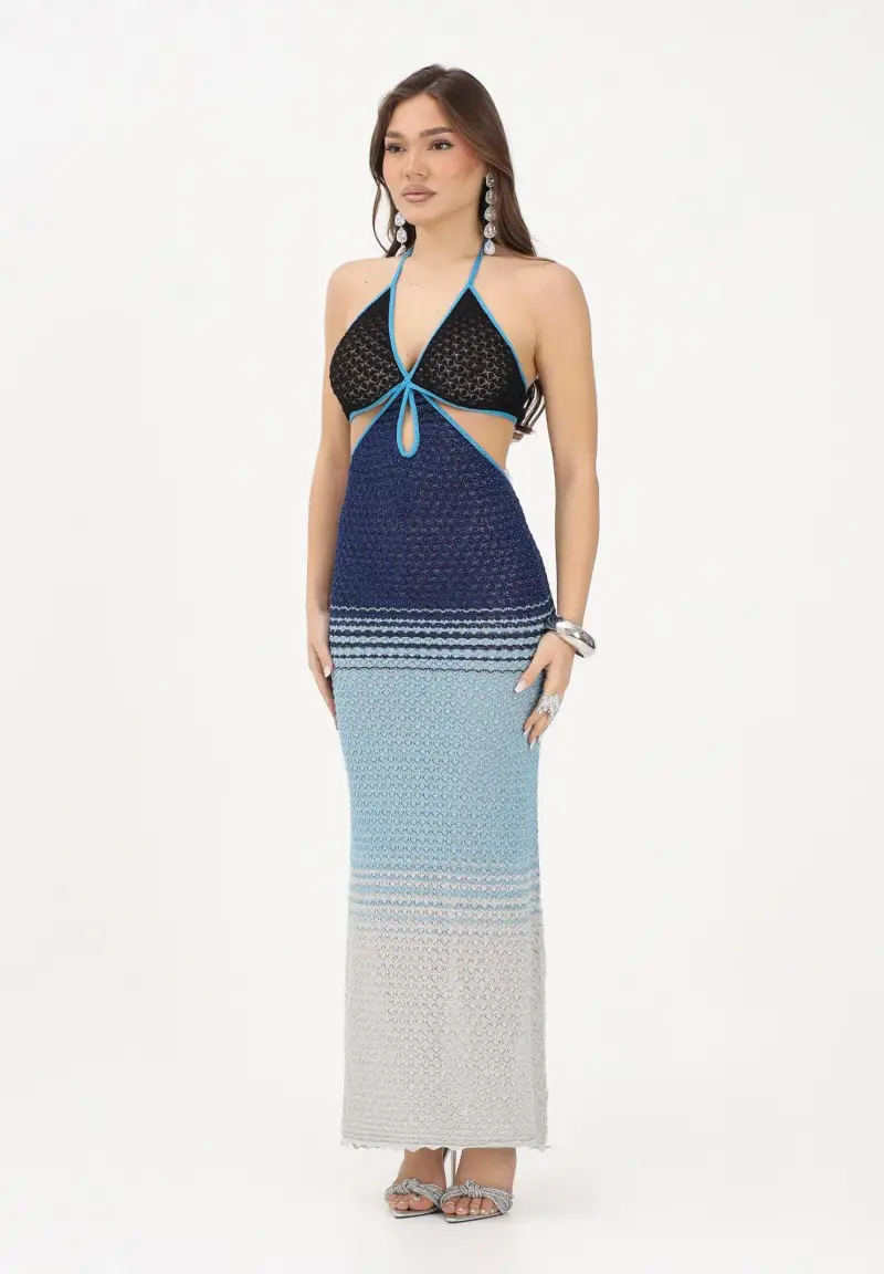 Abito lungo multicolore da donna con scollo profondo e sfumature