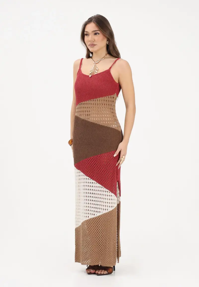 Abito lungo multicolore da donna in maglia traforata