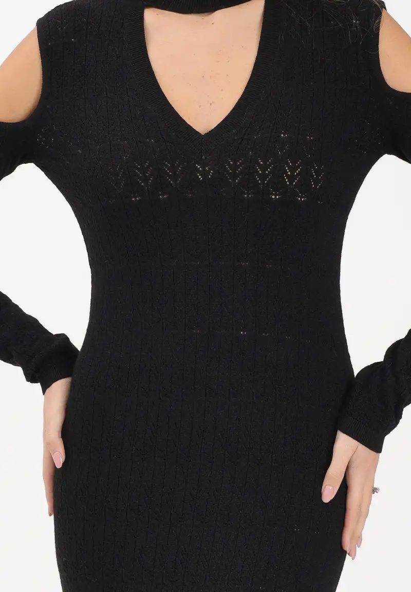 Abito lungo nero da donna in maglia punto pizzo miniatura 3