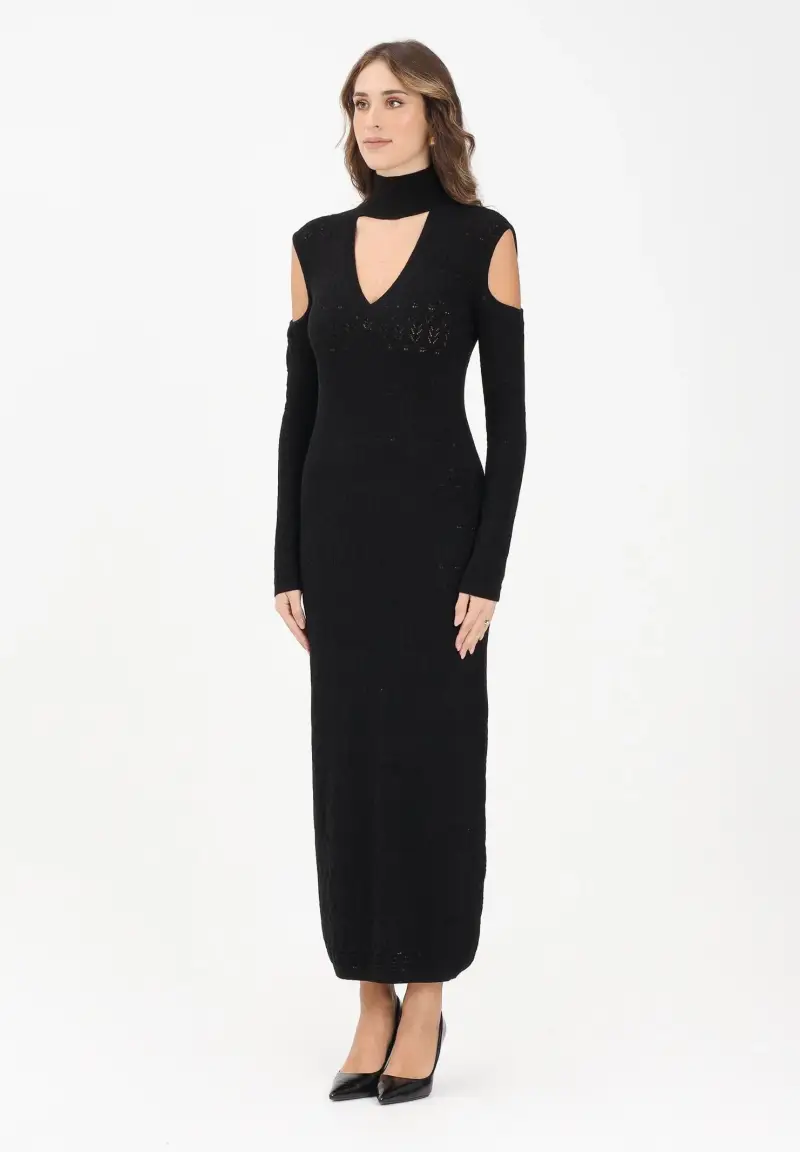 Abito lungo nero da donna in maglia punto pizzo