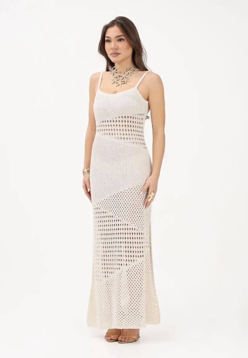 Abito lungo panna da donna in maglia traforata