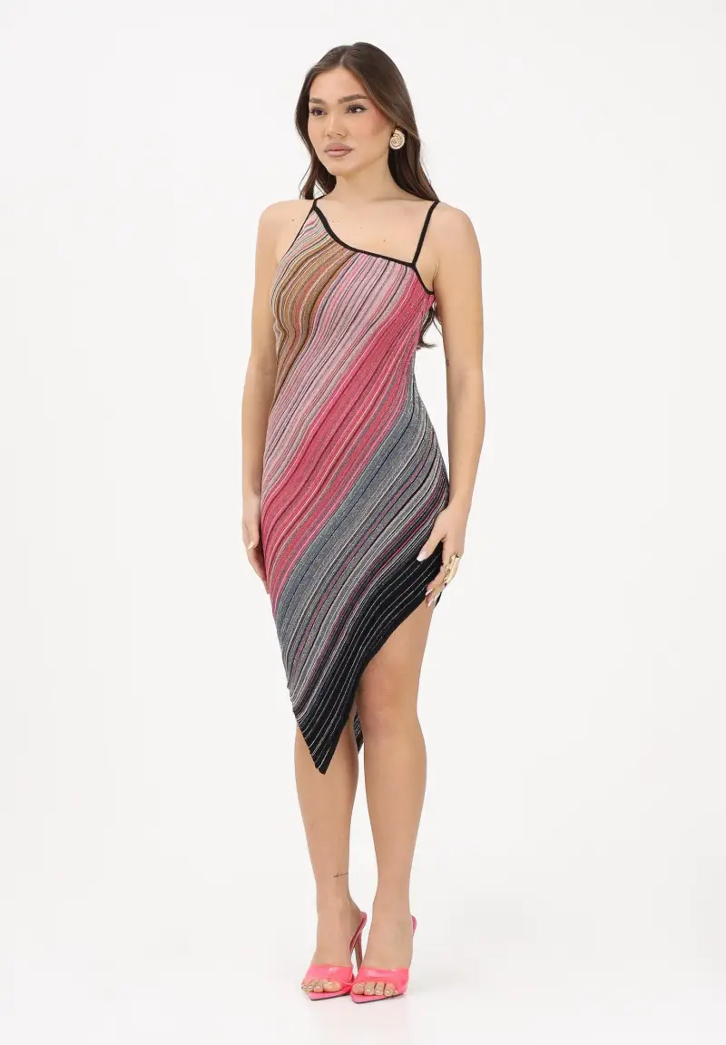 Abito midi asimmetrico multicolore da donna con lavorazione a righe